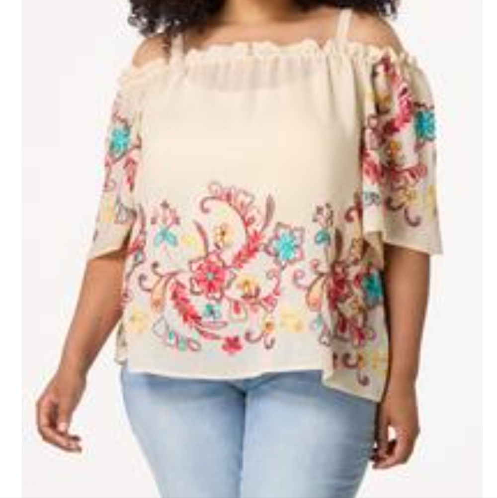Plus Sheer Blouse Cream Cold Shoulder Floral Embroidered